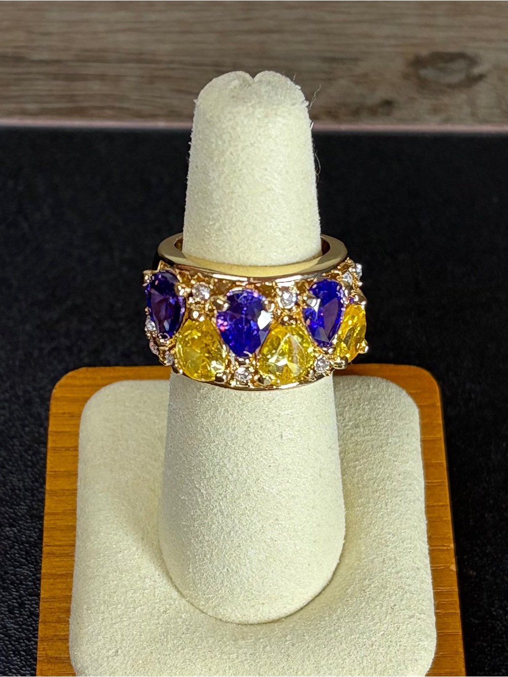 Camille Lucie Gold Band Ring with Purple and Yellow Glass Stones